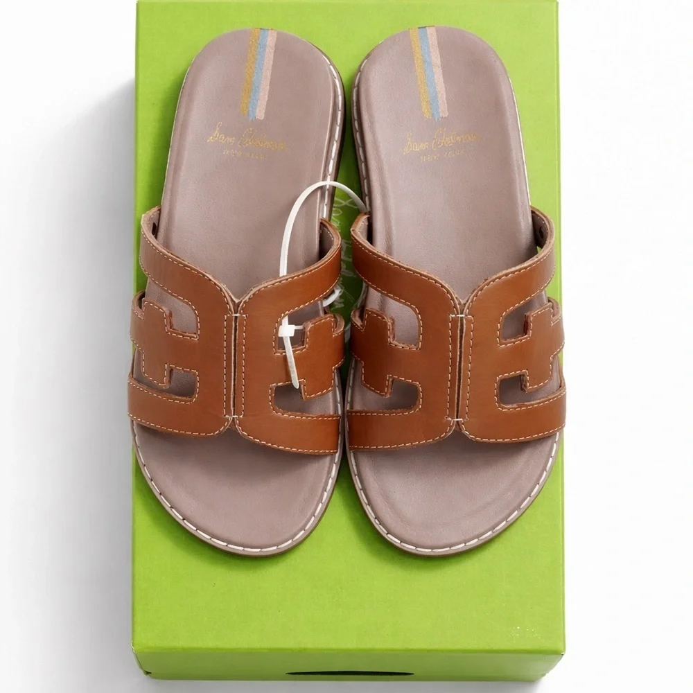 Sam Edelman Valeri Mini Leather Slide Sandals Girls 12 Saddle Brown NWT